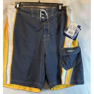 Men's Speedo Board Swim Trunks Navy Blue with White and Yellow Stripes, XXL, New